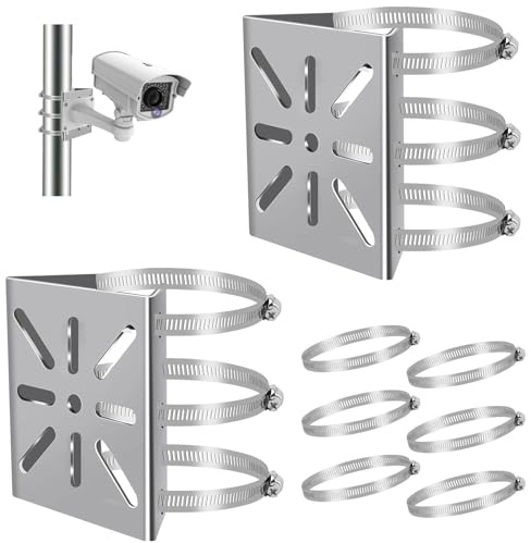2 soportes de mástil para cámara de vigilancia, soporte vertical con 6 trabillas ajustables, fijación de acero inoxidable, soporte de esquina para cámara de vigilancia universal al aire libre y