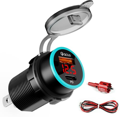 Kriogor RV USB Outlet, Motorcycle USB Charger 18W QC 3.0 & 20W Type-C Quick Charge, Car Charger 12 Volt Outlet for 12V/24V Car RV Marine Boat