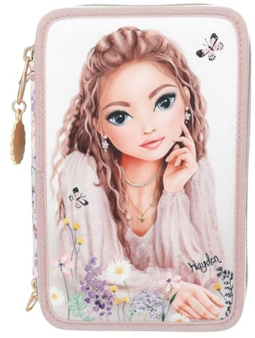 Depesche 13302 TOPModel Summer Feeling - Gefüllte 3-Fach Federtasche in Rosa, mit TOPModel Motiv und Blumen, Federmappe mit Buntstiften, Lineal, Schere UVM.