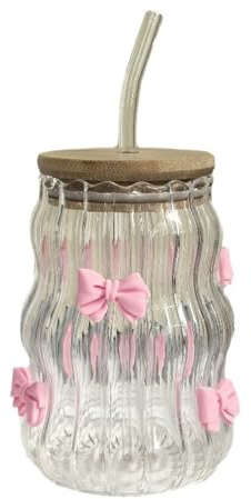 Glas mit Deckel und Strohhalm, 450ml Bubble Tea Becher mit Rosa Schleife-Design, Eiskaffee Gläser, Smoothie Becher, Trinkgläser mit Bambusdeckel für Kaffee, Latte, Säfte, Geburtstagsgeschenk (A)