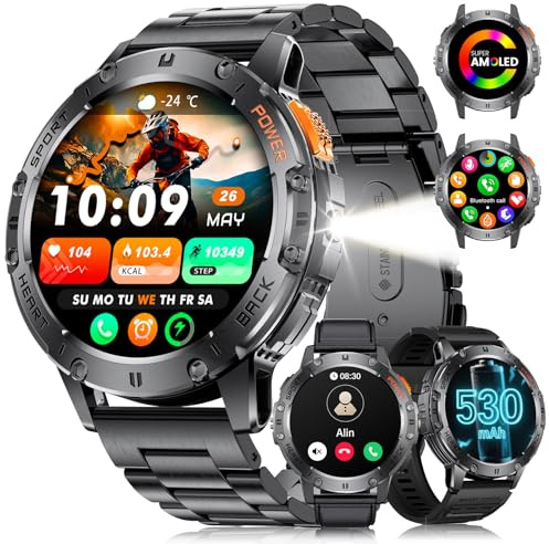Militär Smartwatch Herren mit LED-Licht/530 mAh Batterie,1,43 AMOLED Smartwatch Fitnessuhr mit 120 Sportmodi/Herzfrequenzmonitor/Schlaf/SpO2,IP68 Wasserdicht Schrittzähler für Android iOS,3 Armbänder