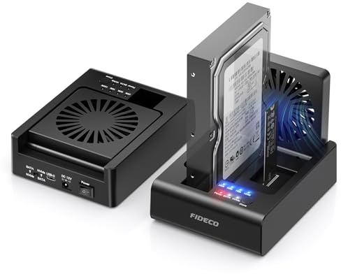FIDECO Estación de Acoplamiento para Discos Duros HDD, USB C 10Gbps M.2 NVMe SSD/5Gbps SATA HDD con clonación bidireccional sin conexión, Lector de Discos Duros SSD con Ventilador Plegable