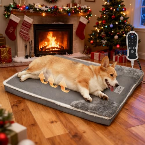 Heated Dog Bed 20x30inches Pet Heat Sofa, Soft Spine-Protecting Dog Heating Pad Equipped with Timer&Temperature Control Switch, Removable Plush Cover is Machine Washable, Non-Slip Base - Gray