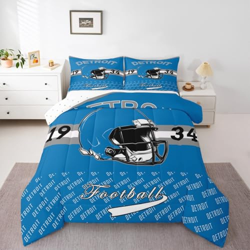 Loussiesd Juego de edredón de fútbol americano tamaño King, suave para niños y niñas, juego de ropa de cama de Detroit, microfibra con diseño de ciudad de fútbol, deportes, decoración de dormitorio, 3