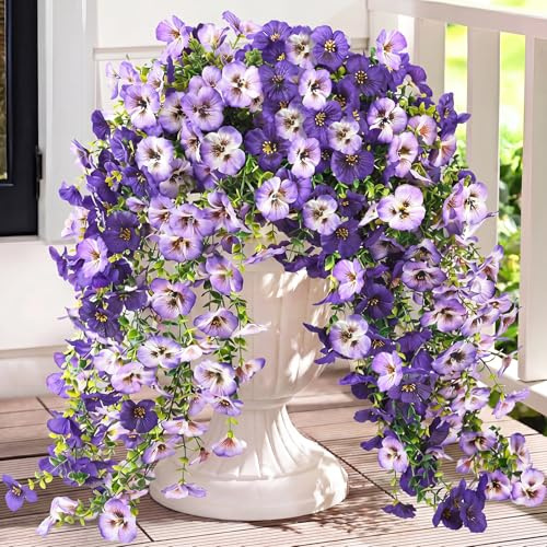 Homcomodar 2 Pcs Artificial Flowers Outdoor Artificial Hanging Plants Pansy Realistic Silk Flowers with Trailing Vines for Wall Fence Garden Patio Yard Decor(Gradient purple+Deep purple)