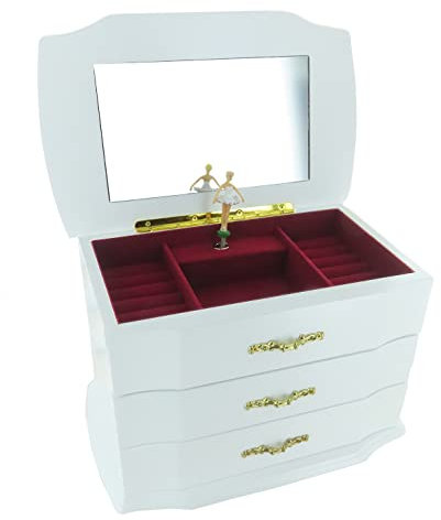 Lutèce Créations Große Schmuckschatulle/Schmuckschachtel/Schmuckkästchen mit Spieluhr aus Holz mit tanzender Ballerina, Spiegel, 18-Ton-Federspielwerk und Schubladen - Wiegenlied von Johannes Brahms