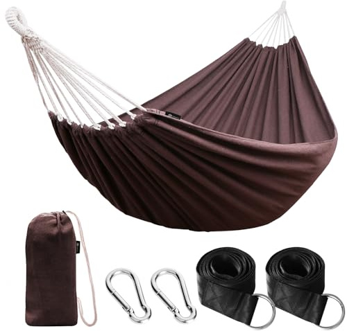 ANYOO Hängematte Outdoor Baumwolle Bequemer Stoff mit Baumfreundl. Gurten | Robuste, Tragbare, Atmungsaktiv, mit Reisetasche, für Garten, Indoor, Balkon, Terrasse, Camping | 300kg Tragkraft