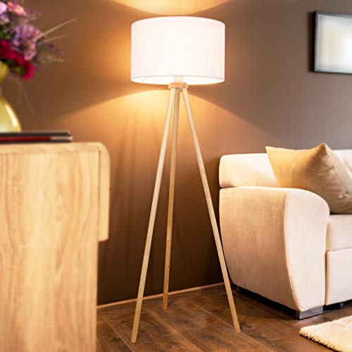 Jago® Tripod Stehlampe - LED, 145 cm, Ø45cm, E27, Max 60W, Stativ aus Holz, Stoffschirm, Skandinavischen Stil - Dreibein Stehleuchte, Wohnzimmerlampe, Standleuchte, Schlafzimmer, Büro