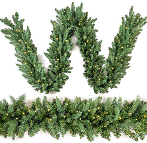 HomeKaren Christmas Garland 9 Ft by 12 Inch Prelit Fraser Fir Xmas Garland with 50 LED Lights 550 Tips, Real Like Lush and Classics Green Style for Indoor Outdoor Home Decoration