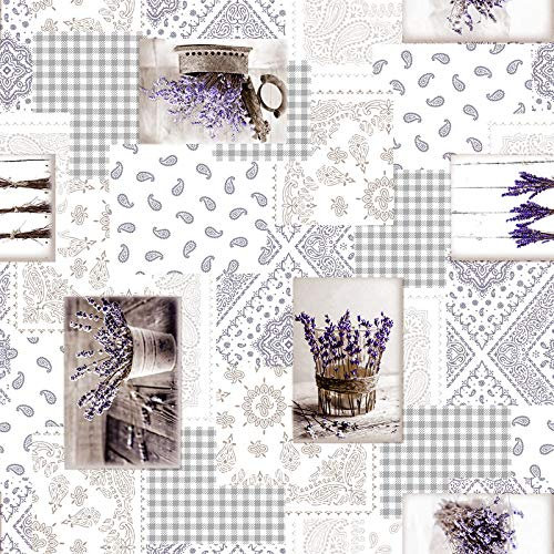 PVC Tischdecke Violetta Wachstuch • Breite & Länge wählbar • abwaschbar • Lavendel lila Flieder Patchwork grau Weiss, Größe:100 x 100 cm