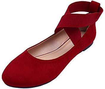 Feversole Women's Suede Ballet Flat,Sangles élastiques à la Cheville Chaussures de Ballet Ballerines Fille et Femme Rouge Suède Élastique Taille 39