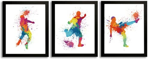 HPNIUB Lot de 3 impressions d'art de football à l'aquarelle de joueur de football (20,3 x 25,4 cm, avec cadre) - Toile murale abstraite pour chambre de garçon, adolescent, salon