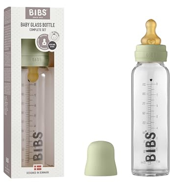 BIBS Baby Glass Bottle 225ml, Vermindert Koliken, Runder Sauger aus Naturkautschuklatex, Unterstützt das Stillen. Complete Set - 225 ml, Sage