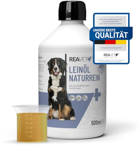 Articolo di prova molto buono 01/24 olio di lino per cani, 500 ml, olio di lino per cani, olio di lino e cavalli, spremuto a freddo, ricco di Omega 3 e 6, aggiunta barf per cani e gatti