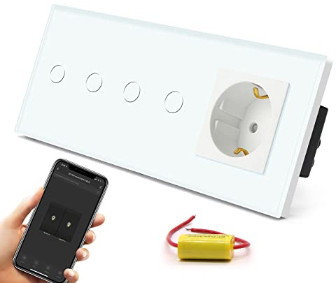 BSEED Doppelt Smart Alexa Wlan Lichtschalter Ohne Neutralleite mit KEIN wifi Steckdose, WIfI Touch Schalter aus Glas, Alexa und Google Home Work mit Tuya, 2 Fach 228mm Weiß