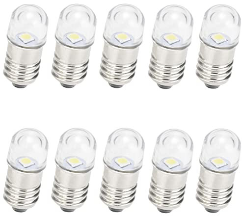 GutReise AC/DC E10 Birnen, 10 Stück 3V Kaltweiß E10 Ersatzbirnen Miniatur Schraub LED Lampen 0,5Watt 65Lm (3V, Kaltes Weiß)