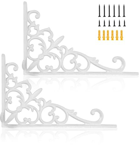 Z METNAL Decorative Shelf Brackets, White Cast Wrought Iron Metal Mailbox Bracket, 90° Right Angle Victorian Brackets, Wall Decor, Modern Shelving Bracket for DIY Floating Shelves, 2 Pcs