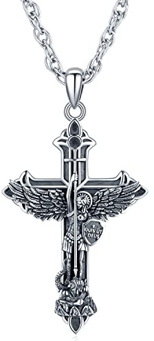 Friggem St. Michael Halskette 925 Sterling Silber Erzengel Michael Kreuz Anhänger Herren Anhänger Kette Amulett Schmuck Geschenke für Damen Herren