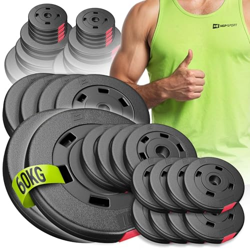 HOP-SPORT® Disques de Poids en Plastique 60 kg, alésage 31 mm, pour Barre d'haltères 30 mm, Poids 60 kg, Disques d'haltères Entraînement Haltérophilie et Musculation (2x10, 4x5, 4x2,5, 8x1,25 kg)