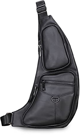 FANDARE Herren Brusttasche Leder Sling Bag Umhängetaschen Schultertasche Bauchtasche Wasserresistent Crossover Rucksack Daypacks für Outdoor Reisen Camping Wanderrucksäcke Crossbody Pack Schwarz