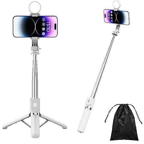 H.May Perche Selfie avec Lumière, 4 en 1 Perche Selfie Trépied Renforcé et Stable Tige Télescopique, 110cm Selfie Stick Trépied Compatible avec iPhone, Android, Gopro, Camera, Blanc
