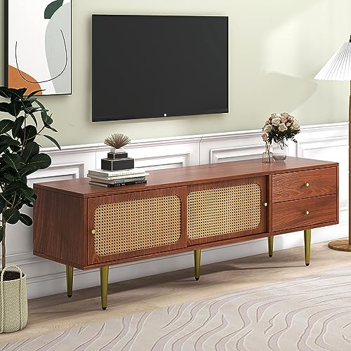 Azkoeesy Walnuss TV-Schrank 160 cm mit goldenen Beinen und Griff - 2 Schubladen - 2 Schiebetüren aus Rattan, Moderner TV-Board Fernsehschrank für Wohnzimmer