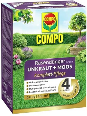 COMPO Rasendünger gegen Unkraut + Moos Komplett-Pflege - optimale Nährstoffversirgung - 3 Monate Langzeitwirkung - gegen Moos und Unkraut - 6 kg für 200 m²