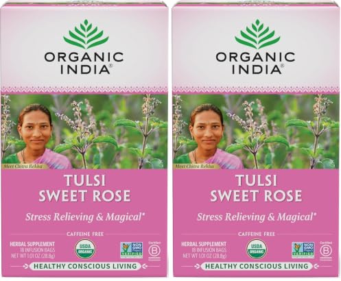 Organic India Tulsi Sweet Rose Tea - Organic Tulsi, Chamomile & Rose Infusion - Soft Floral Herbal Blend with Natural Sweetness - Caffeine-Free for Relaxation - 18 Individually Wrapped Tea Bags