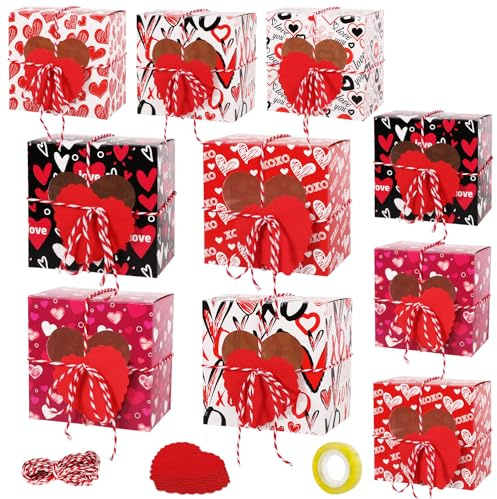 XIHIRCD 12 Stück Geschenkbox Valentinstag, 10 x 10 x 7,5cm Geschenkboxen Karton mit Sichtfenster Backwaren-Geschenkboxen mit 12 Liebeskartenherzen für Kekse Cupcakes Süßigkeiten
