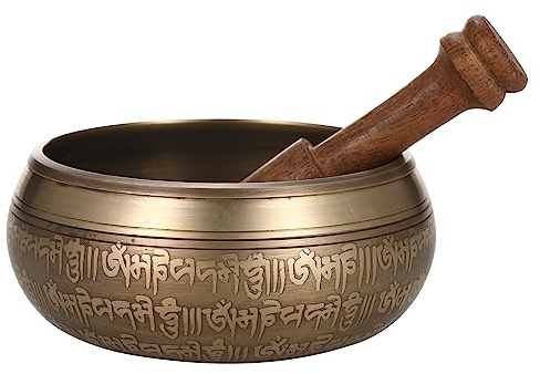 Bol chantant, bol chantant tibétain fait à la main avec bouddha tibétain, bol de thérapie musicale rituelle, carillon en cuivre, bol sonore avec percuteur en bois for la guérison des chakras, le yoga,