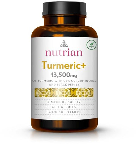 Nutrian Turmeric and Black Pepper Capsules 13,500 mg, 95% Curcumin Extract Turmeric Supplement for Men and Women, Joints Care, High Strength and Absorption, Made in The UK, 60 Count (2 Month Supply)