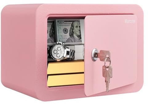 Marcree 0.23 Cubic Small Safe Box for Home, Mini Safes for Kids, Pink Safe with Key, Security Cabinet Safes with Cutting-edge Bending, Lock Box with Keys for Money Cash, 6.69x 9.06x 6.69 Inches, Pink