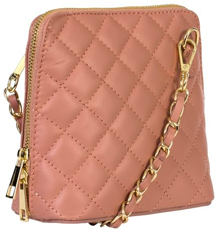 LiaTalia Petit sac à bandoulière élégant en cuir italien véritable pour femme - Fait main à Florence en Toscane - Abby, Matelassé - Rose saumon