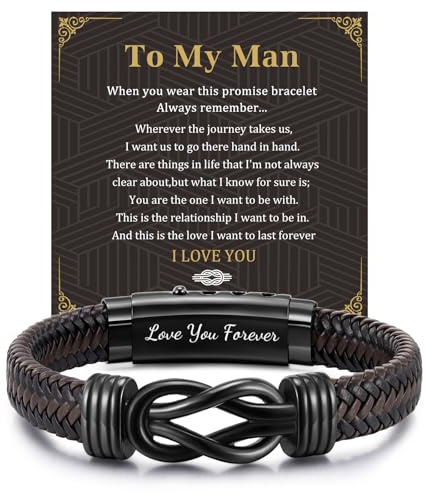 FLHEART Men's Bracelets Gifts for Men - Brown Braided Leather Infinity Knot Bracelet Engraved Letter Love You Forever for Man Lover, Mens Bracelets Gift for Birthday Christmas Anniversary