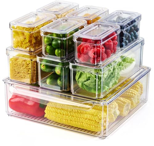 Luckore 10 Pack Clear Fridge Organizer, Stackable Refrigerator Organizer Bins with Lids, Fridge Storage Containers for Kitchen, Food, Cabinets, Fruits, Vegetables, Cereals
