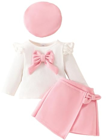 LUVCES Kleinkind Baby Mädchen Outfits Rüschenärmel Gestrickt Bowknot Shirt + Elegant Mini Rock+ Baskenmütze 3 Stück Sommer Herbst Kleidung Sets