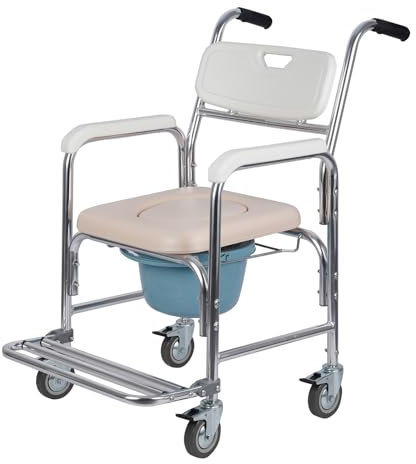 Sedia da Doccia con rotelle, Sedia da Toilette, Sedia a rotelle per Doccia con Ruote bloccabili e Seduta Imbottita per disabili e Anziani,Bianca