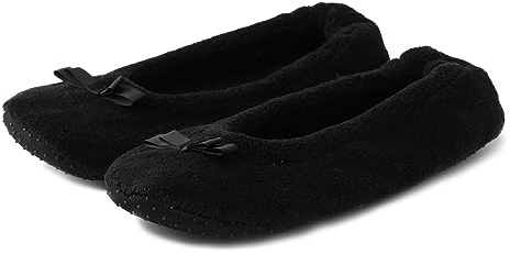 Womens Ballerina Slipper Winter Fluffy Totes Slippers Comfort Cotton Memory Foam Non-slip Ballet Flat Shoes with Satin Bow for Spring Autumn Winter (Black, 6)