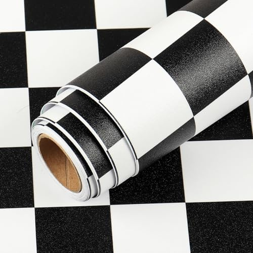 LACHEERY Carta Adesiva per Mobili Bianca e Nera Pellicole Adesive Cucina 40cm x 700cm Rivestimento Adesivo Per Mobili Bianco Scacchiera Per Armadio Cassetto Carta Parati Adesiva Geometrica Lavabile