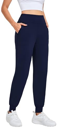 Oyamiki Pantalones deportivos para mujer, pierna cónica, atléticos, sueltos, con bolsillos, pantalones deportivos ligeros, azul marino, L