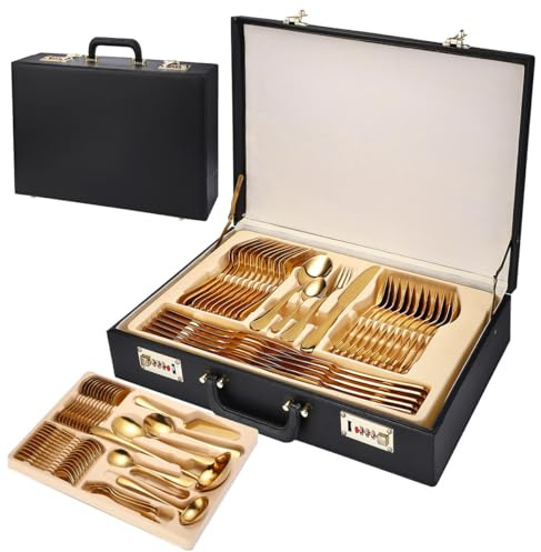 Set di posate in acciaio inox da 72/84 pezzi, set di posate lavabili in lavastoviglie con cucchiai e forchette, include scatola regalo valigia per la cucina di famiglia