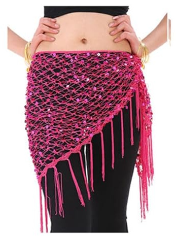 HFGDRH Belly Dance Röcke, 12 Farben Bauchtanz Praxis Kleidung Zubehör Stretchy Lange Quaste Dreieck Gürtel Hand Häkeln Bauchtanz Hüfte Schal Pailletten(Fuchsia)