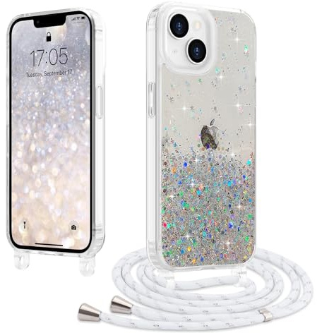 LCHULLE Glitter pour iPhone 14/13 Coque avec Cordon Réglable,Transparent | Paillettes Housse avec Chaîne,Etui avec Collier Détachable,Glitter Transparent TPU Bumper,Silicone Antichoc Coque Portable