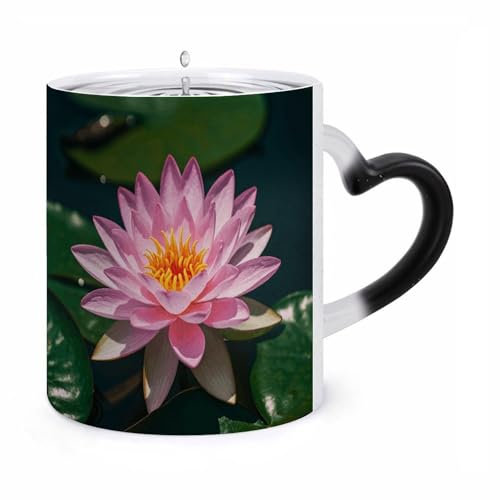 Farbwechselnde Tassen, 340 ml Kaffeetassen für Frauen, süße Tassen, wärmeempfindliche Keramik-Kaffeetasse mit Seerose und einzigartigem Ohrendesign, neuartige Kaffeetassen