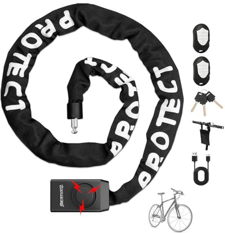 Lucchetto a catena per bicicletta con allarme da 110 dB, resistente, antifurto, con 3 chiavi, impermeabile, per bici, scooter, moto, porte, cancelli, recinzioni