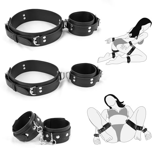 BDSM Bondage Wrist Thigh Cuffs and Ankle Sex Restraints Set, Sex Toys for Women with Adjustable Leg Straps Handcuffs, Leather 3 in 1 Kit for Couple Beginner SM Game Play (Dark)