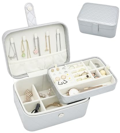 Boxudeli Schmuckkästchen, 2-Ebenen Schmuck-Organizer, Mittelgroße Reise Schmuckschatulle, Tragbare Schmuckaufbewahrungsboxen aus Kunstleder mit Argyle-Muster für Damen (Silbergrau)