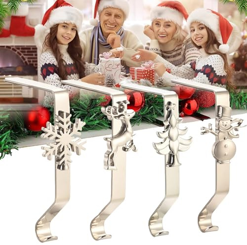 WYFCR Set di 4 supporti per calze di Babbo Natale con motivo natalizio, gancio per calze di Natale, supporto per calze di Natale, supporto per calza di Natale, supporto per calza di Natale, per