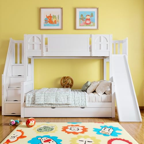 Vidacharmy Etagenbett, Kinderbett Hochbett mit Stauraum Treppe, Stockbett Holzbett, Kinder mit Rutsche, Kiefernholz, Jugenbett mit Lattenrost und Rausfallschutz, 90x200 cm, ohne Matratze, weiß