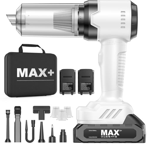 Handstaubsauger Akku, 28000PA Auto Staubsauger Stark, 2er 7500mAh Akku Handstaubsauger Kabellos, 3 in1 Mini Autostaubsauger für Auto, Motorrad, Küche, PC, Sofa, Büro, Haus&Tierhaar Reinigung(Weiß)